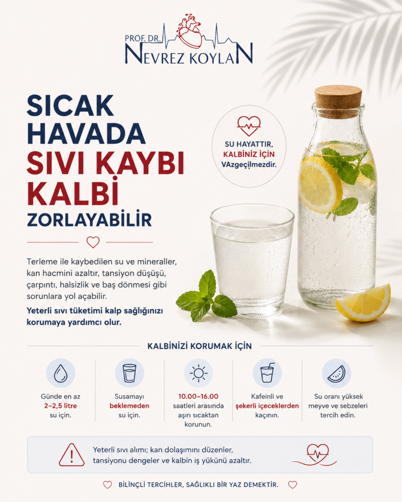 Minimalist tasarımlı 4:5 oranlı sağlık görselinde üst bölümde Prof. Dr. Nevrez Koylan logosu yer alıyor. Sol tarafta büyük ve dikkat çekici puntolarla “Sıcak Havada Sıvı Kaybı Kalbi Zorlayabilir” başlığı bulunuyor. Alt bölümde terleme ile kaybedilen sıvı ve minerallerin tansiyon düşüklüğü, çarpıntı, halsizlik ve baş dönmesi gibi sorunlara yol açabileceğini anlatan kısa bilgilendirici metinler yer alıyor. Sağ tarafta ise limon ve nane yapraklarıyla hazırlanmış ferahlatıcı bir su şişesi ve su bardağı minimalist bir kompozisyon içinde gösteriliyor. Görselde küçük ikonlar; su damlası, güneş, kalp ve içecek sembolleriyle desteklenmiş. Açık krem tonlu arka plan, doğal ışık efektleri ve sade tasarım dili görsele ferah, modern ve yaz sıcaklarında kalp sağlığını korumaya yönelik bilinçli bir atmosfer kazandırıyor.