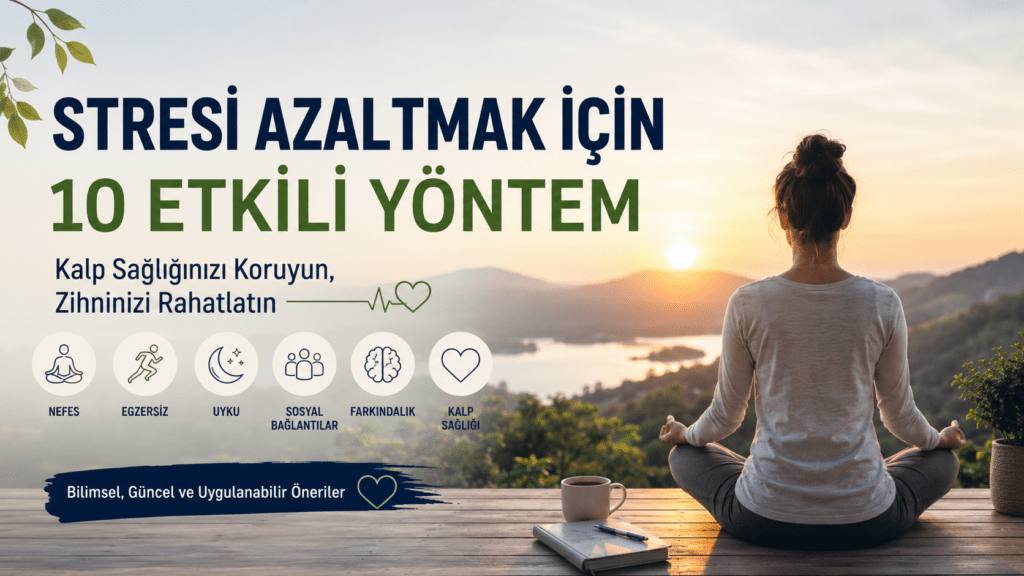 Stresin kalp ve damar sistemi üzerindeki etkilerini anlatan minimalist kalp sağlığı infografiği.