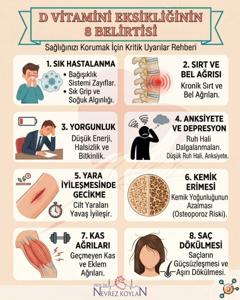 D vitamini eksikliğinin 8 belirtisi konulu infografik