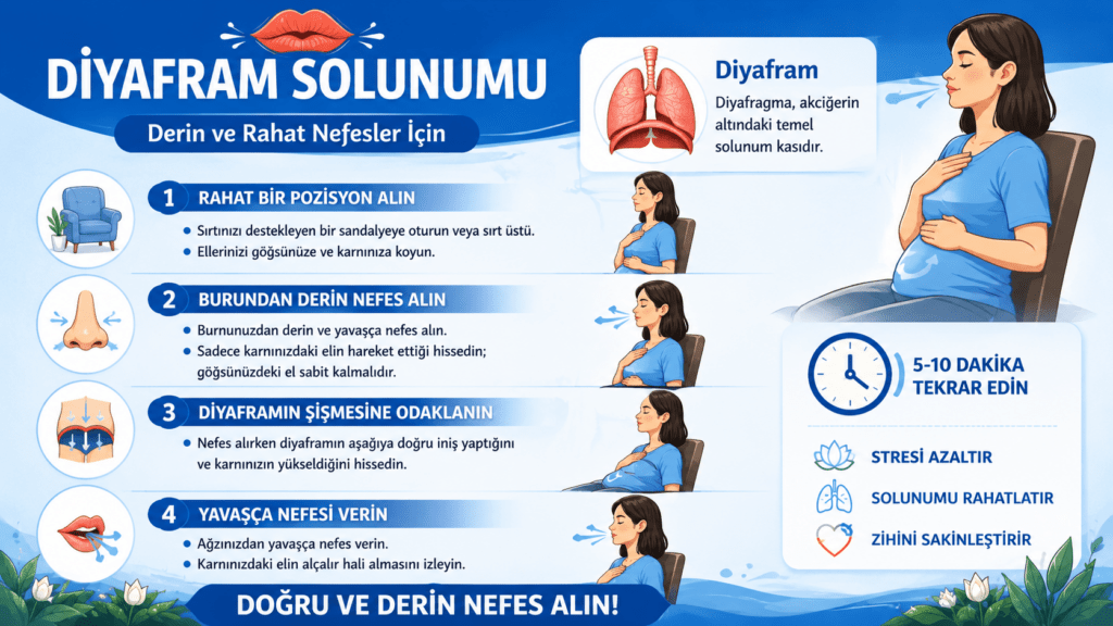 Diyafram solunumunun nasıl yapıldığını adım adım gösteren Türkçe infografik; doğru oturuş pozisyonu, burundan derin nefes alma, diyaframın hareketi ve yavaş nefes verme aşamalarını görsellerle anlatıyor. Nefes egzersizinin stres azaltma, zihni sakinleştirme ve solunumu rahatlatma faydaları vurgulanıyor.
