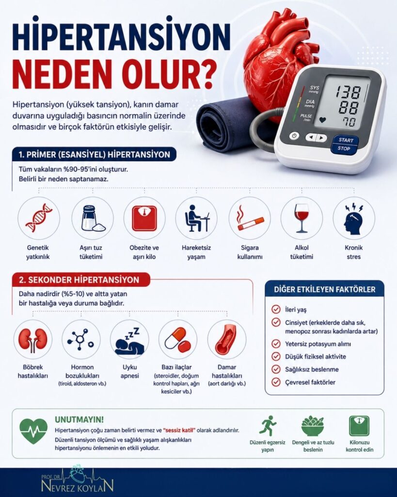 “Hipertansiyon neden olur?” başlıklı görselde; aşırı tuz tüketimi, obezite, hareketsiz yaşam, stres, sigara ve alkol gibi risk faktörlerini simgelerle gösteren bilgilendirici bir infografik ve yanında doktor portresi yer alıyor.