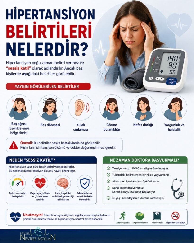 “Hipertansiyon belirtileri nelerdir?” başlıklı görselde; baş ağrısı, baş dönmesi, görme bulanıklığı, nefes darlığı ve çarpıntı gibi belirtileri ikonlarla anlatan bilgilendirici bir infografik ve yanında doktor portresi yer alıyor.
