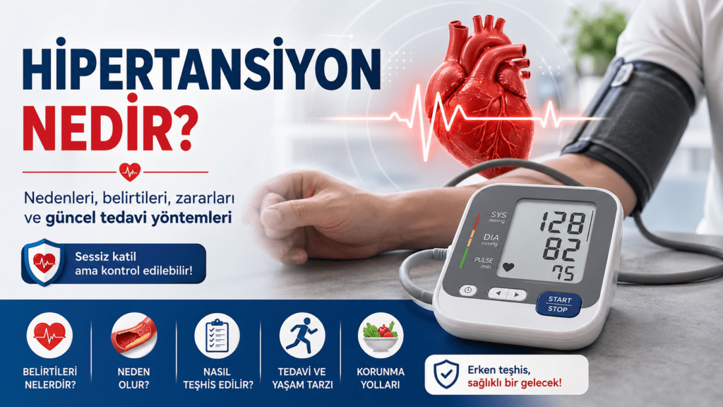 Hipertansiyon hakkında bilgilendirici bir kapak görseli; beyaz önlüklü bir doktor, stetoskop ve modern klinik arka plan eşliğinde “Hipertansiyon Nedir?” başlığı ve “Sessiz katili tanıyın” mesajıyla yüksek tansiyonun önemine dikkat çekiyor.