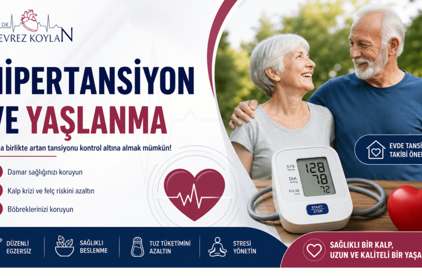 Yaşlı bir çiftin birlikte gülümsediği, sağlıklı yaşam temasını yansıtan 4:5 oranlı bir sağlık posteri. Sol üstte “Prof. Dr. Nevrez Koylan” logosu yer alıyor. Ortada büyük puntolarla “Hipertansiyon ve Yaşlanma” başlığı bulunuyor. Altında “Yaşla birlikte artan tansiyonu kontrol altına almak mümkün!” mesajı veriliyor. Sol bölümde kalp, beyin ve böbrek ikonlarıyla damar sağlığını koruma, kalp krizi ve felç riskini azaltma, böbrekleri koruma ve evde tansiyon takibinin önemi vurgulanıyor. Sağ tarafta bir tansiyon ölçüm cihazı ve kalp objesi bulunurken, alt bantta düzenli egzersiz, sağlıklı beslenme, tuz kısıtlaması ve stres yönetimi ikonlarla anlatılıyor. Alt bölümde “Sağlıklı bir kalp, uzun ve kaliteli bir yaşam” mesajı yer alıyor.