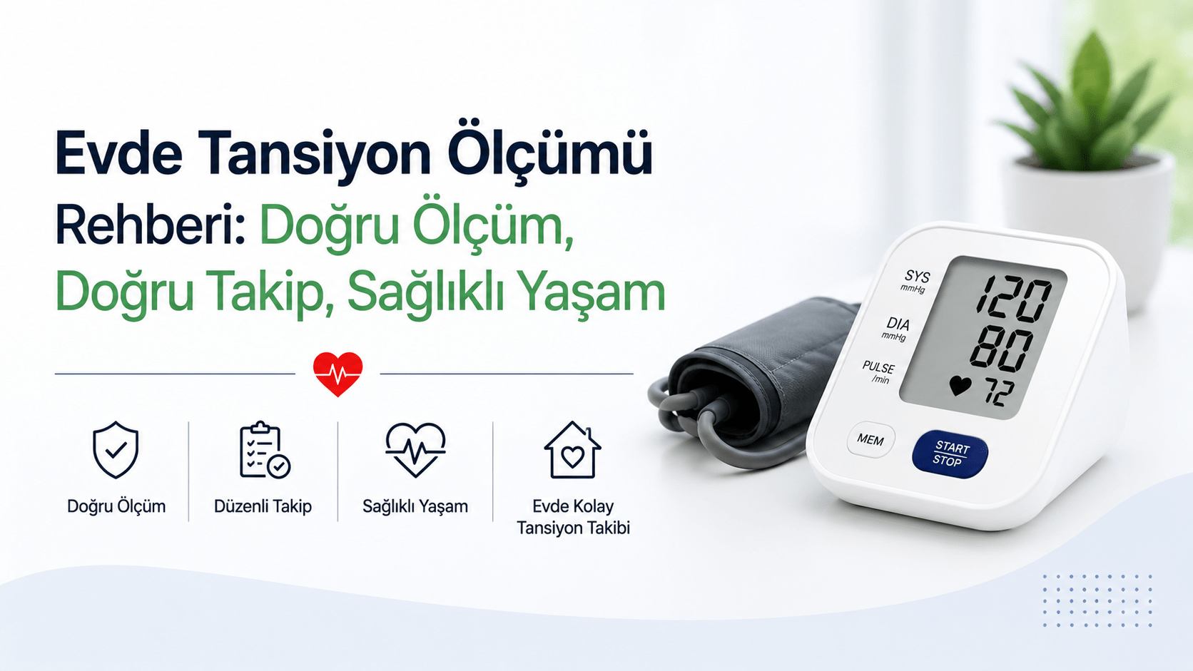 Evde tansiyon ölçümü rehberini temsil eden dijital tansiyon aleti ve manşon görseli.