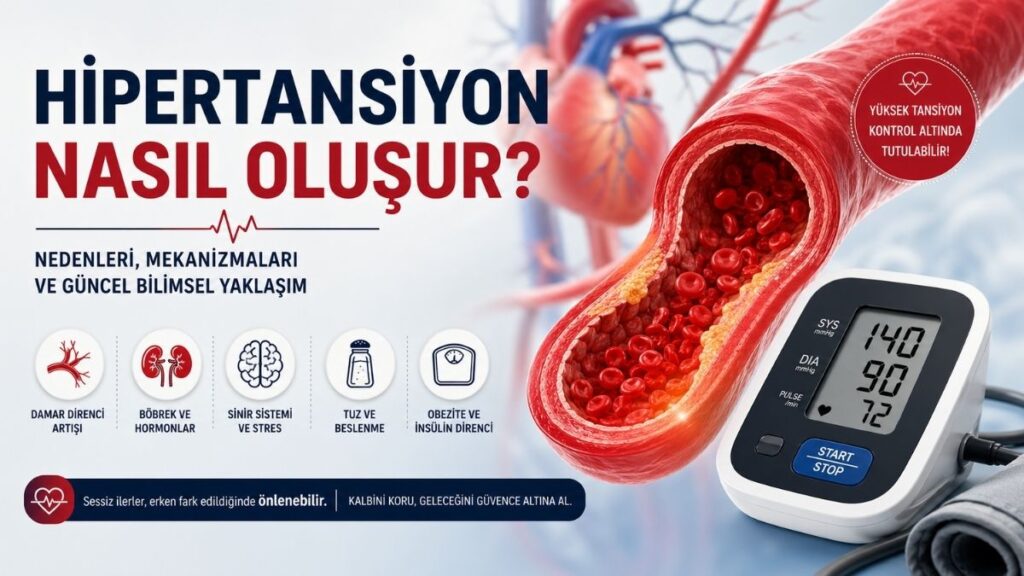 Hipertansiyonun oluşum mekanizmalarını anlatan, 4:5 oranlı tıbbi infografik kapak görseli: sağlıklı damar ile daralmış damar karşılaştırması, damar içinde kan hücreleri, kalp illüstrasyonu ve tansiyon ölçüm cihazı eşliğinde damar direnci artışı, böbrek-hormon etkisi, stres ve tuz tüketimi gibi nedenlerin görsel olarak açıklandığı modern tasarım.