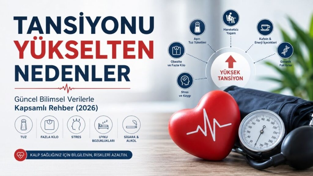 Tansiyonu yükselten nedenleri anlatan Türkçe infografik; sağ tarafta dijital tansiyon aleti, kırmızı kalp maketi ve sağlıklı yiyecekler, sol tarafta ise “Tansiyonu Yükselten Nedenler (2026)” başlığı altında tuz tüketimi, obezite, hareketsiz yaşam, stres, uyku bozuklukları, genetik faktörler ve diğer risk etkenlerini simgelerle açıklayan modern bir tasarım.