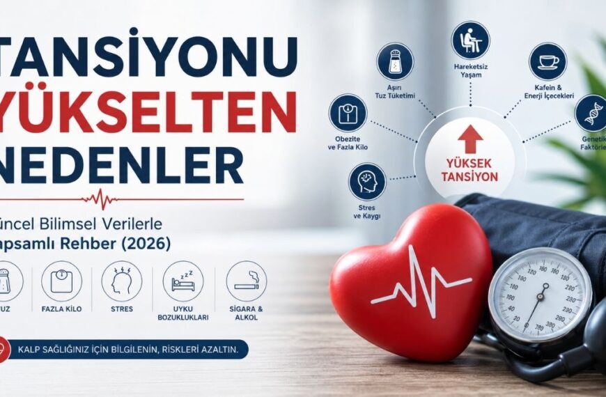 Tansiyonu yükselten nedenleri anlatan Türkçe infografik; sağ tarafta dijital tansiyon aleti, kırmızı kalp maketi ve sağlıklı yiyecekler, sol tarafta ise “Tansiyonu Yükselten Nedenler (2026)” başlığı altında tuz tüketimi, obezite, hareketsiz yaşam, stres, uyku bozuklukları, genetik faktörler ve diğer risk etkenlerini simgelerle açıklayan modern bir tasarım.