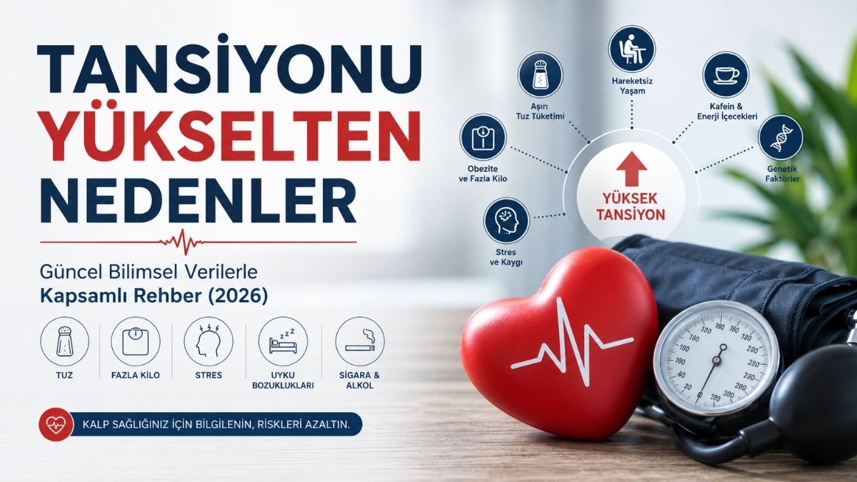 Tansiyonu yükselten nedenleri anlatan Türkçe infografik; sağ tarafta dijital tansiyon aleti, kırmızı kalp maketi ve sağlıklı yiyecekler, sol tarafta ise “Tansiyonu Yükselten Nedenler (2026)” başlığı altında tuz tüketimi, obezite, hareketsiz yaşam, stres, uyku bozuklukları, genetik faktörler ve diğer risk etkenlerini simgelerle açıklayan modern bir tasarım.