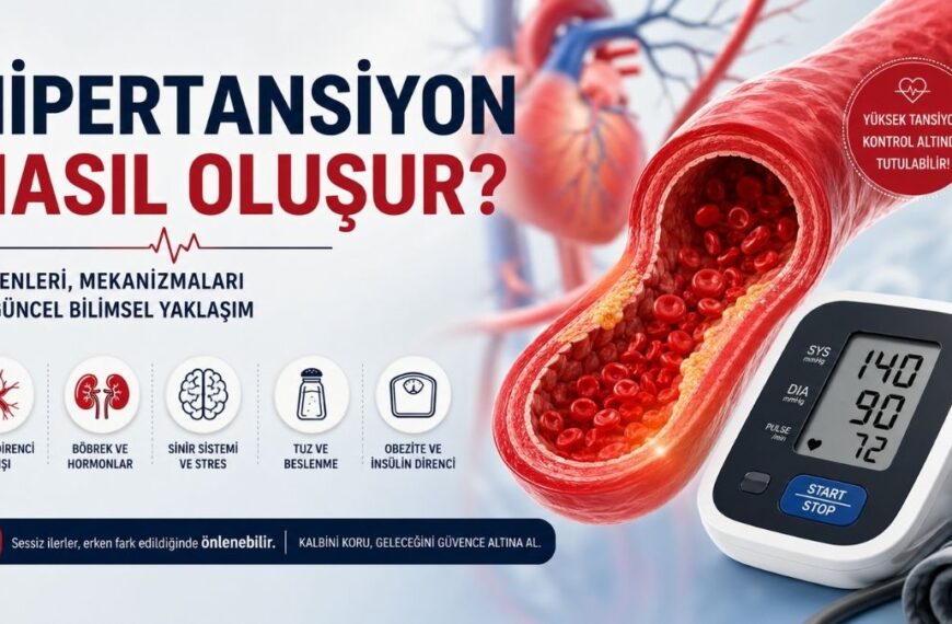 Hipertansiyonun oluşum mekanizmalarını anlatan, 4:5 oranlı tıbbi infografik kapak görseli: sağlıklı damar ile daralmış damar karşılaştırması, damar içinde kan hücreleri, kalp illüstrasyonu ve tansiyon ölçüm cihazı eşliğinde damar direnci artışı, böbrek-hormon etkisi, stres ve tuz tüketimi gibi nedenlerin görsel olarak açıklandığı modern tasarım.