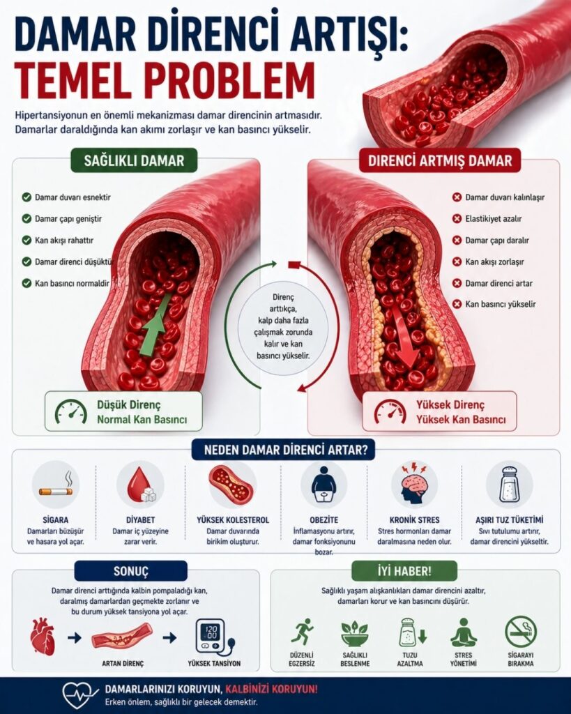 Damar direnci artışını açıklayan 4:5 oranlı tıbbi infografik: sağlıklı geniş damar ile daralmış ve kalınlaşmış damar kesitinin karşılaştırması, kan akışının zorlaşmasını gösteren oklar, damar elastikiyetinin azalması ve kan basıncının yükselmesi sürecini anlatan görseller ile sigara, tuz, stres ve obezite gibi risk faktörlerinin ikonlarla sunulduğu modern tasarım.