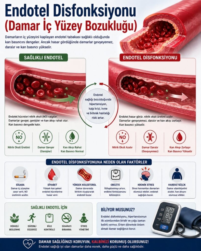 Endotel disfonksiyonunu açıklayan 4:5 oranlı tıbbi infografik: sağlıklı endotel ile hasarlı damar iç yüzeyinin karşılaştırıldığı kesitler, nitrik oksit üretiminin azalmasıyla damarların gevşeyememesi ve daralması sonucu kan basıncının yükselmesini gösteren görseller; sigara, diyabet, yüksek kolesterol, obezite ve stres gibi risk faktörlerinin ikonlarla anlatıldığı modern ve eğitici tasarım.
