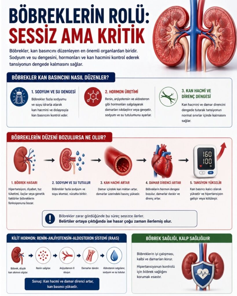 Böbreklerin kan basıncı üzerindeki rolünü anlatan 4:5 oranlı tıbbi infografik: böbreklerin sodyum ve su dengesini düzenleyerek kan hacmini kontrol etmesi, hormon üretimi (renin-anjiyotensin-aldosteron sistemi) ile damar direncini etkilemesi ve bu mekanizmaların bozulması durumunda tansiyonun yükselmesini adım adım gösteren şemalar, böbrek illüstrasyonları ve tansiyon ölçüm cihazı ile desteklenmiş açıklayıcı tasarım.