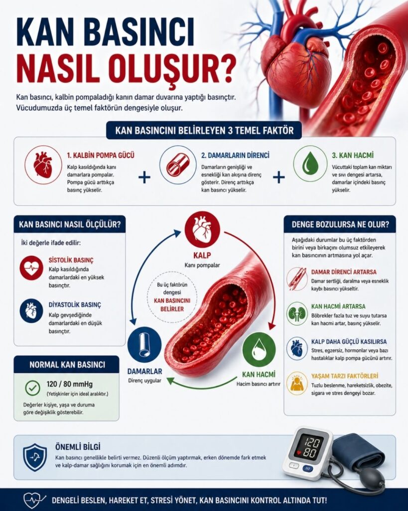 Kan basıncının oluşumunu anlatan 4:5 oranlı tıbbi infografik: kalbin pompa gücü, damar direnci ve kan hacmi arasındaki ilişkiyi gösteren şemalar, kalp ve damar kesiti illüstrasyonları, sistolik ve diyastolik basınç açıklamaları ile tansiyon ölçüm cihazı görseli içeren anlaşılır ve modern tasarım.
