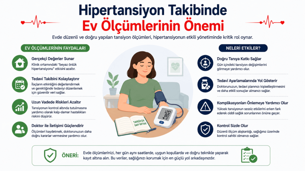 Hipertansiyon takibinde evde düzenli tansiyon ölçümünün faydalarını gösteren bilgilendirici infografik.