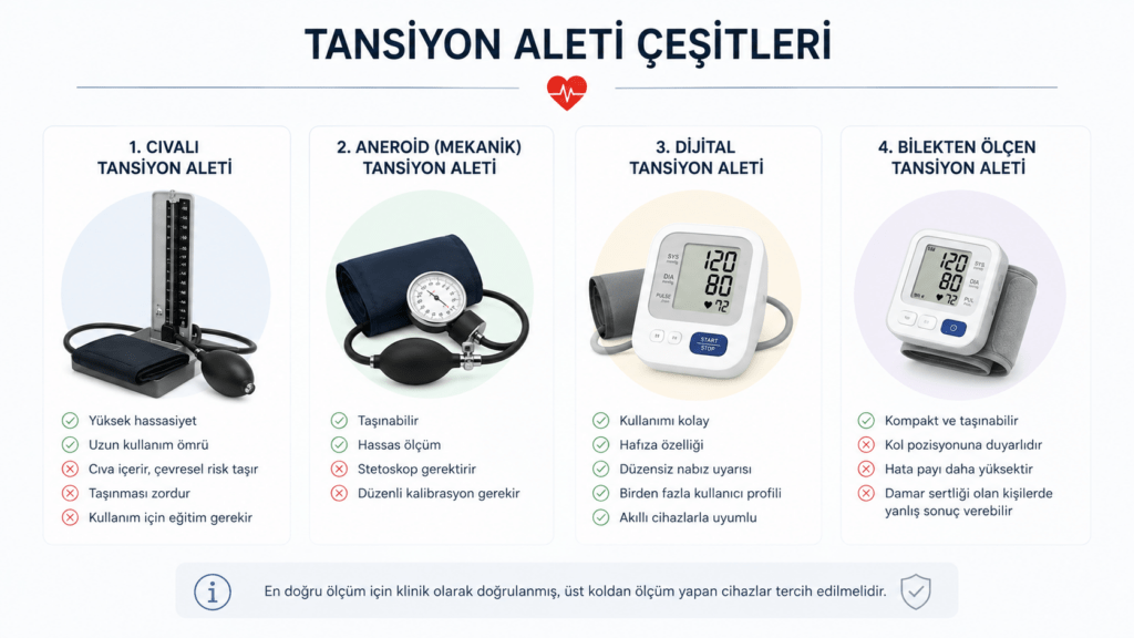 Cıvalı, aneroid, dijital ve bilekten ölçen tansiyon aletlerinin özelliklerini karşılaştıran infografik.