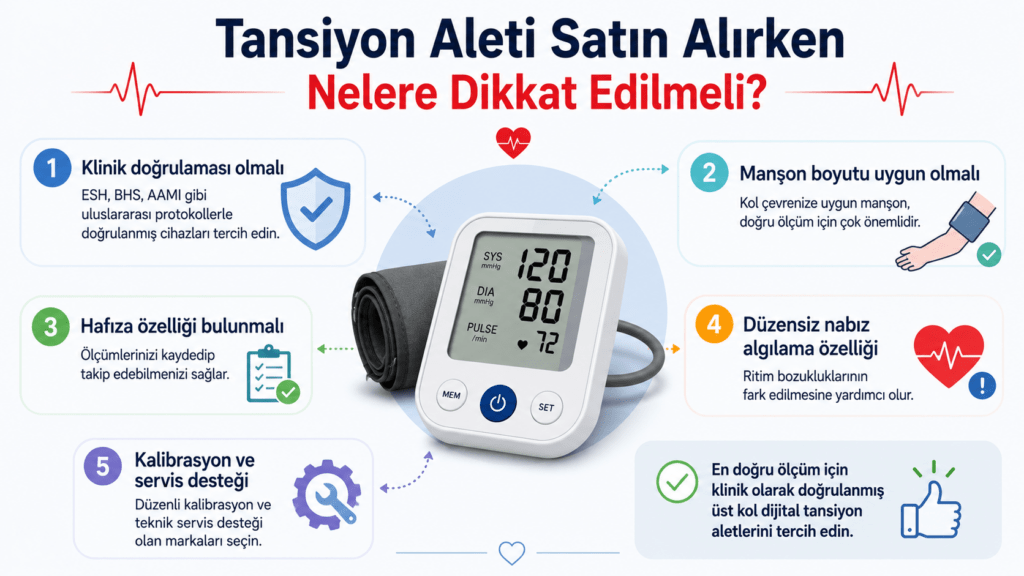 Tansiyon aleti seçerken dikkat edilmesi gereken klinik doğrulama, manşon boyutu ve hafıza özelliklerini anlatan infografik.