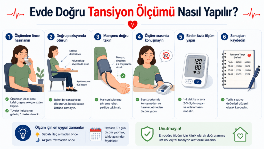 Evde doğru tansiyon ölçümü için hazırlık, pozisyon, manşon kullanımı ve ölçüm kurallarını gösteren infografik.