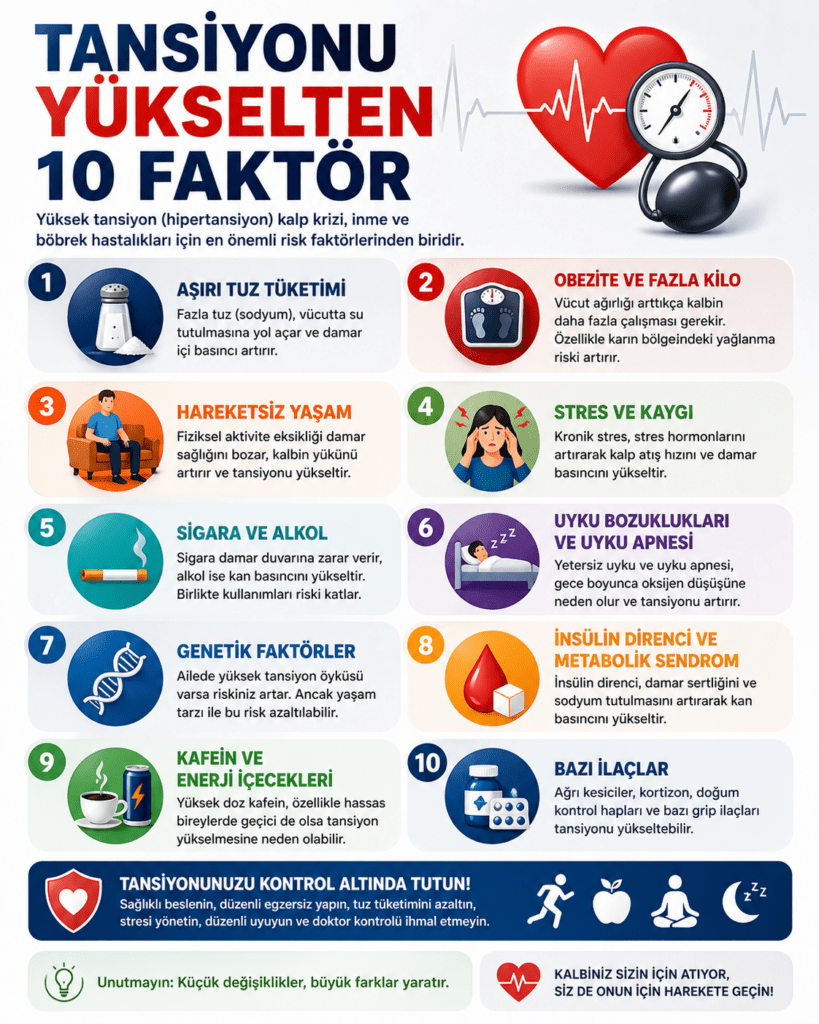 “Tansiyonu Yükselten 10 Faktör” başlıklı Türkçe infografik; aşırı tuz tüketimi, obezite, hareketsiz yaşam, stres, sigara ve alkol, uyku bozuklukları, genetik faktörler, insülin direnci, kafein ve bazı ilaçlar gibi riskleri ikonlarla açıklayan; üst bölümde kalp ve tansiyon aleti görseli, alt bölümde ise sağlıklı yaşam önerileri içeren modern ve bilgilendirici tasarım.