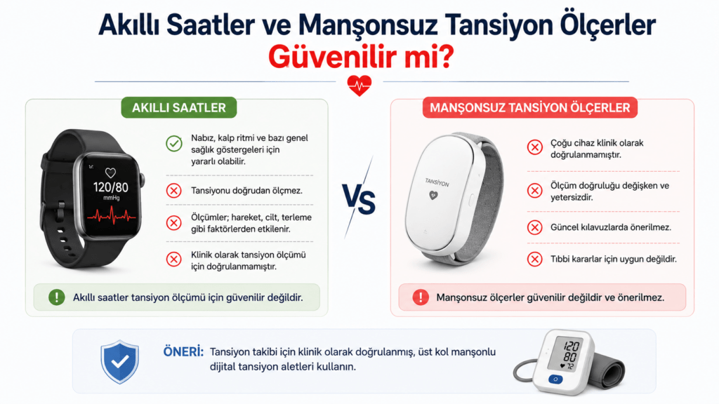Akıllı saatler ve manşonsuz tansiyon ölçerlerin doğruluğunu karşılaştıran bilgilendirici infografik.