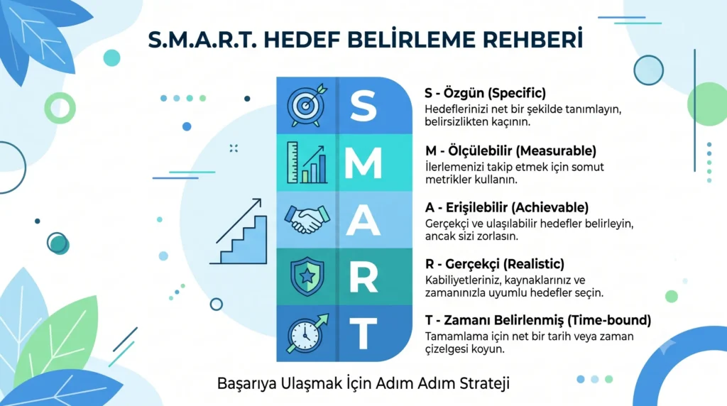 S.M.A.R.T. ilkelerine göre egzersiz ve sağlık hedefi belirleme adımları infografiği