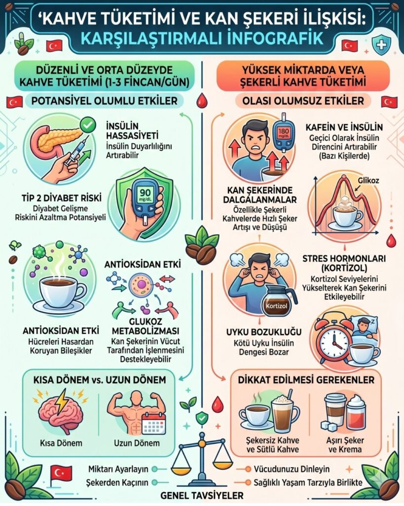 Kahve tüketimi ve kan şekeri arasındaki ilişkiyi gösteren karşılaştırmalı infografik. Sol tarafta, günde 1-3 fincan orta düzey kahve tüketiminin insülin duyarlılığını artırabileceği, antioksidan etkileri sayesinde glukoz metabolizmasını destekleyebileceği ve tip 2 diyabet riskini azaltma potansiyeli olduğu belirtiliyor. Sağ tarafta ise aşırı miktarda veya şekerli kahve tüketiminin, kan şekerinde hızlı dalgalanmalara, kortizol seviyelerinde artışa ve uyku bozuklukları yoluyla insülin dengesinin bozulmasına neden olabileceği vurgulanıyor. Görsel, sağlıklı tüketim için şekersiz ve sütlü kahve tercihlerinin önemini özetliyor.