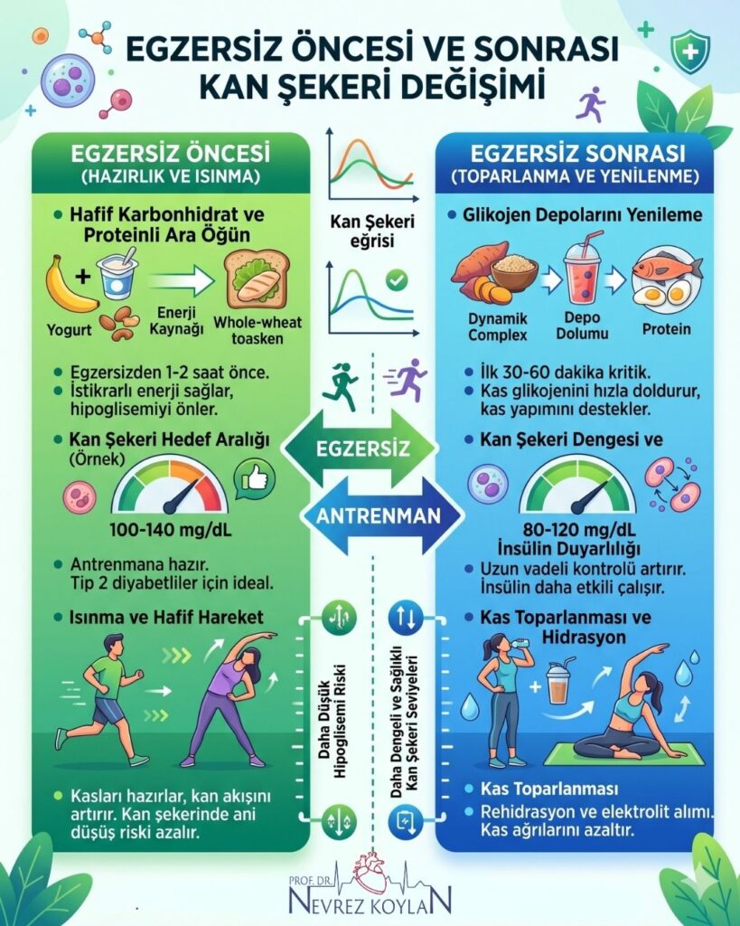 Egzersiz öncesi ve sonrası kan şekeri değişimini gösteren karşılaştırmalı infografik. Sol tarafta egzersiz öncesi hazırlık olarak hafif karbonhidrat ve protein içeren ara öğünlerin önemi, 100-140 mg/dL ideal kan şekeri hedef aralığı ve ısınmanın kan şekerindeki ani düşüş riskini nasıl azalttığı vurgulanıyor. Sağ tarafta ise egzersiz sonrası toparlanma süreci, glikojen depolarını yenilemek için protein ve kompleks karbonhidrat tüketimi, 80-120 mg/dL hedef kan şekeri aralığı ve rehidrasyonun kas toparlanması üzerindeki rolü açıklanıyor. Görsel, egzersizin insülin duyarlılığını artırarak uzun vadeli kan şekeri kontrolüne katkısını özetliyor.