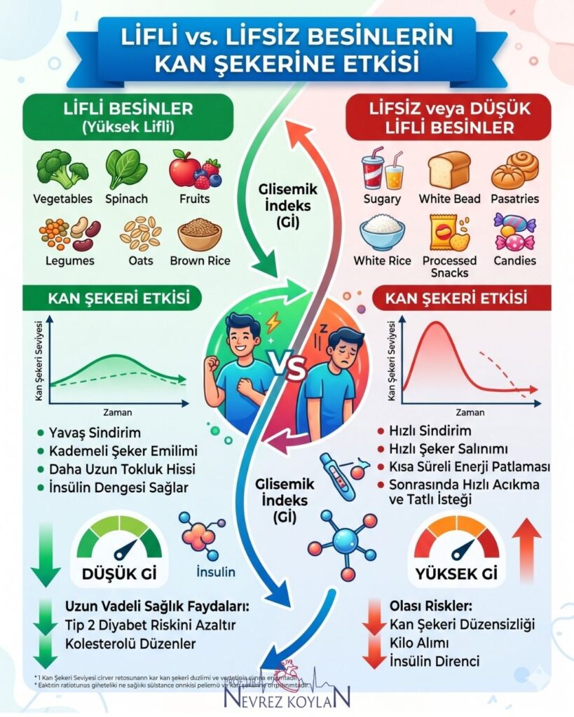 Lifli ve lifsiz besinlerin kan şekeri üzerindeki etkisini karşılaştıran bir infografik. Sol tarafta brokoli, ıspanak, elma, baklagiller ve yulaf gibi yüksek lifli besinlerin, kan şekerinde kademeli ve dengeli bir artış sağladığı; uzun süreli tokluk hissi ve insülin dengesini desteklediği belirtiliyor. Sağ tarafta ise şekerli içecekler, beyaz ekmek, pirinç ve paketli atıştırmalıklar gibi düşük lifli besinlerin, kan şekerinde hızlı bir yükselişe ve ardından ani düşüşe neden olduğu; bunun da kısa süreli enerji patlaması ve sonrasında açlık hissi yarattığı gösteriliyor. Görselde glisemik indeks seviyelerini temsil eden grafikler ve bu beslenme alışkanlıklarının tip 2 diyabet riski ve kolesterol üzerindeki uzun vadeli etkileri özetleniyor.