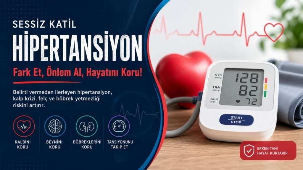 Hipertansiyon farkındalığına yönelik 4:5 oranlı kapak görseli: Sol tarafta koyu mavi zemin üzerinde “Sessiz Katil Hipertansiyon” başlığı ve “Fark et, önlem al, hayatını koru!” mesajı yer alırken; sağ tarafta dijital tansiyon ölçüm cihazı (128/82 mmHg), kırmızı kalp objesi ve arka planda bitki bulunan masa üstü sahne görülüyor. Alt bölümde kalp, beyin ve böbrek sağlığını koruma, düzenli tansiyon takibi, tuz azaltma, egzersiz, kilo kontrolü, sigarayı bırakma ve stres yönetimi gibi önerileri simgeleyen ikonlar bulunuyor.