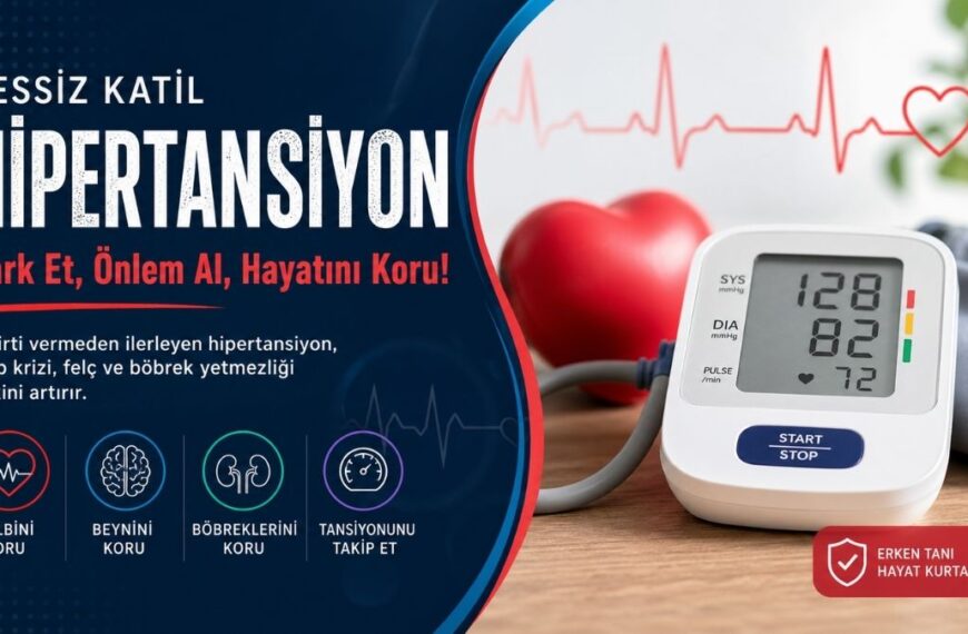 Hipertansiyon farkındalığına yönelik 4:5 oranlı kapak görseli: Sol tarafta koyu mavi zemin üzerinde “Sessiz Katil Hipertansiyon” başlığı ve “Fark et, önlem al, hayatını koru!” mesajı yer alırken; sağ tarafta dijital tansiyon ölçüm cihazı (128/82 mmHg), kırmızı kalp objesi ve arka planda bitki bulunan masa üstü sahne görülüyor. Alt bölümde kalp, beyin ve böbrek sağlığını koruma, düzenli tansiyon takibi, tuz azaltma, egzersiz, kilo kontrolü, sigarayı bırakma ve stres yönetimi gibi önerileri simgeleyen ikonlar bulunuyor.