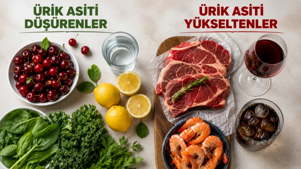 Ürik asiti düşüren ve yükselten besinlerin karşılaştırmalı görseli