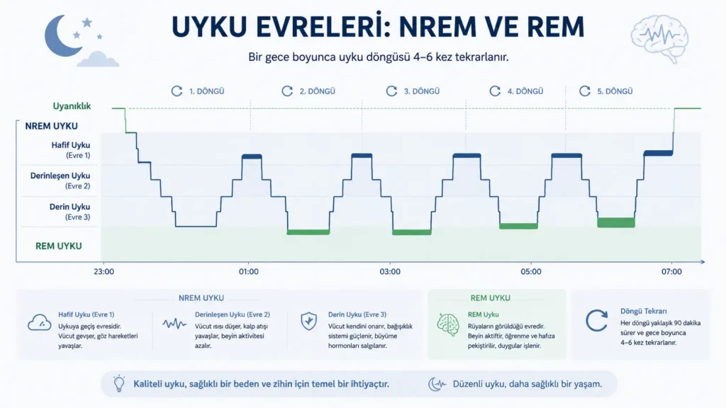 NREM ve REM uyku evrelerini gösteren uyku döngüsü infografiği