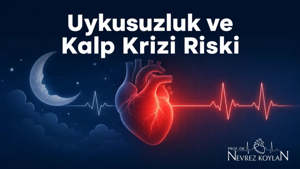 Uykusuzluk ve kalp krizi riski ilişkisini gösteren, gece ve kalp temalı tıbbi illüstrasyon