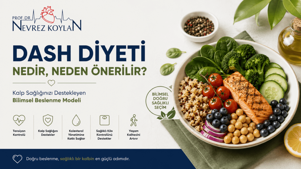 DASH diyetini anlatan kapak görseli. Somon, sebzeler, tam tahıllar ve baklagillerden oluşan sağlıklı bir tabak eşliğinde DASH diyetinin tansiyon kontrolü, kalp sağlığı, kolesterol yönetimi ve sağlıklı kilo kontrolüne katkıları vurgulanıyor. Prof. Dr. Nevrez Koylan logosu görselin üst bölümünde yer alıyor.