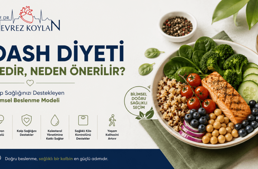 DASH diyetini anlatan kapak görseli. Somon, sebzeler, tam tahıllar ve baklagillerden oluşan sağlıklı bir tabak eşliğinde DASH diyetinin tansiyon kontrolü, kalp sağlığı, kolesterol yönetimi ve sağlıklı kilo kontrolüne katkıları vurgulanıyor. Prof. Dr. Nevrez Koylan logosu görselin üst bölümünde yer alıyor.