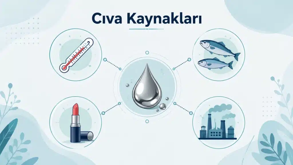 Cıva kaynaklarını gösteren termometre, balık, kozmetik ve sanayi ikonları