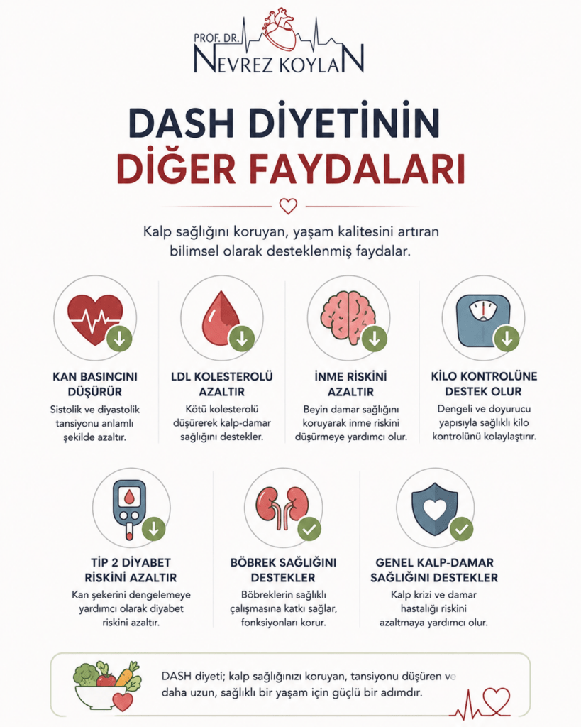 DASH diyetinin diğer faydalarını gösteren minimalist infografik. Kalp sağlığını destekleme, LDL kolesterolü düşürme, inme riskini azaltma, kilo kontrolüne yardımcı olma, tip 2 diyabet riskini azaltma ve genel sağlığı iyileştirme gibi yararlar sade ikonlar ve açıklamalarla sunuluyor. Üst bölümde Prof. Dr. Nevrez Koylan logosu yer alıyor.