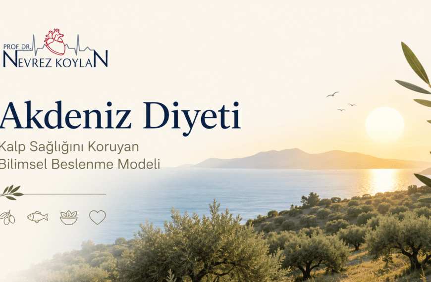 Akdeniz diyetini temsil eden zeytinlikler, deniz ve gün batımı manzarası eşliğinde Prof. Dr. Nevrez Koylan logosunun yer aldığı, kalp sağlığını destekleyen bilimsel beslenme modelini vurgulayan minimalist kapak görseli.