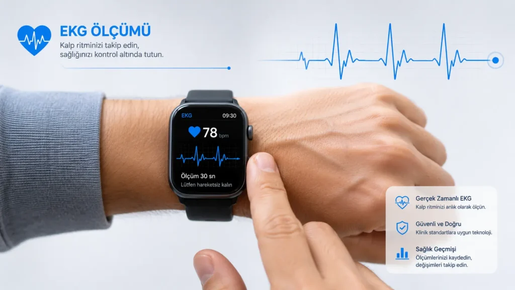 Akıllı saat ile EKG ve kalp ritmi ölçümünü gösteren sağlık teknolojisi görseli