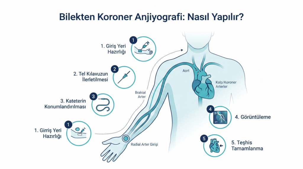Modern bir kateter laboratuvarında sağlık ekibinin koroner anjiyografi işlemi gerçekleştirmesi ve canlı görüntüleme ekranında koroner damarların görünümü.