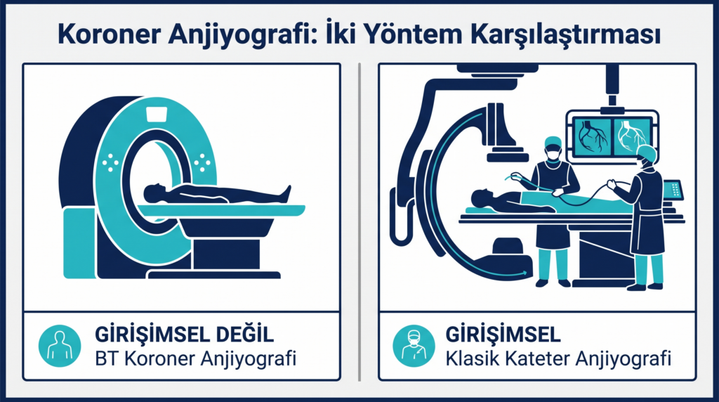 Girişimsel olmayan BT koroner anjiyografi ile girişimsel klasik kateter anjiyografisini yan yana karşılaştıran vektörel illüstrasyon.