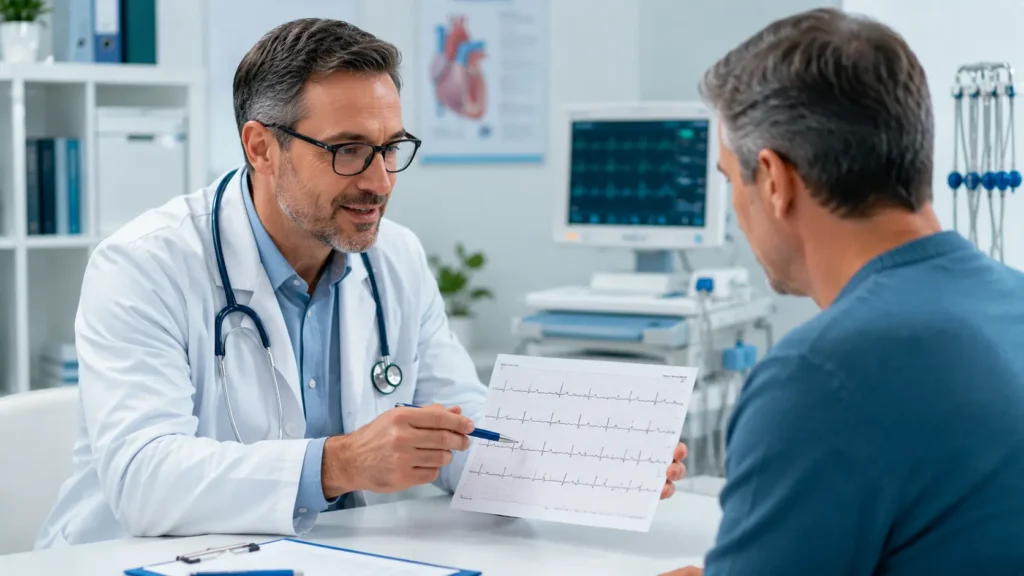 Doktorun hastayla EKG sonucunu birlikte değerlendirdiği klinik ortam
