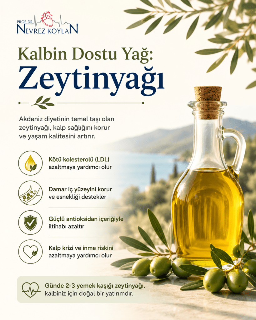 Kalp dostu zeytinyağının faydalarını anlatan; zeytinyağı şişesi, zeytin dalları ve kalp sağlığını destekleyen özelliklerin yer aldığı minimalist sağlık infografiği.