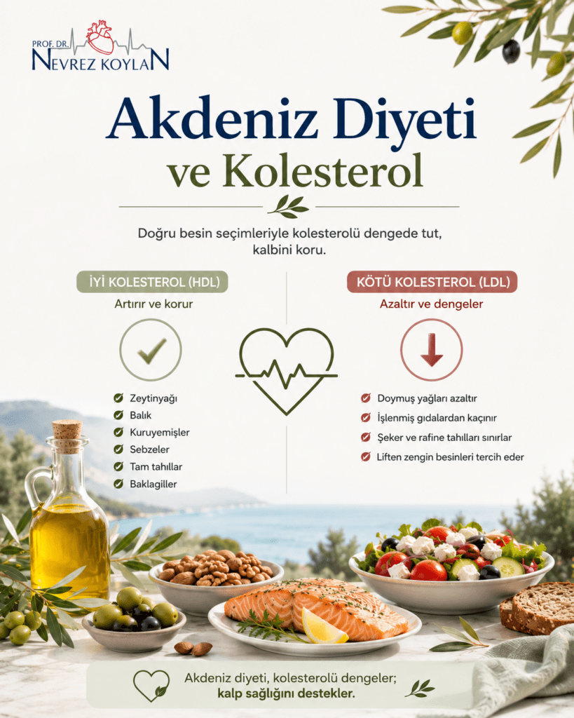 Akdeniz diyetinin kolesterol üzerindeki olumlu etkilerini gösteren; zeytinyağı, balık, kuruyemişler ve taze sebzelerle HDL'yi destekleyip LDL'yi azaltmayı anlatan minimalist sağlık infografiği.