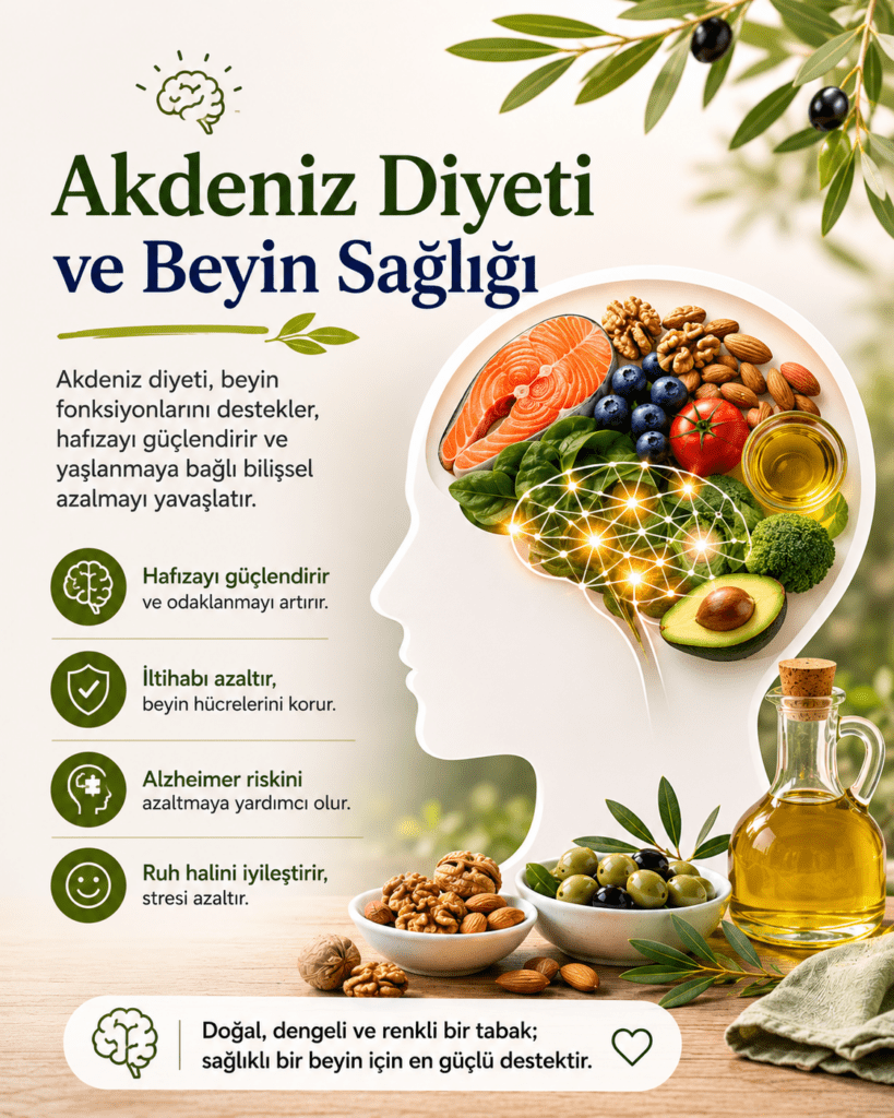 Akdeniz diyetinin beyin sağlığına katkılarını gösteren; zeytinyağı, balık, kuruyemişler ve sebzelerle birlikte hafıza, odaklanma ve bilişsel fonksiyonları destekleyen minimalist sağlık infografiği.