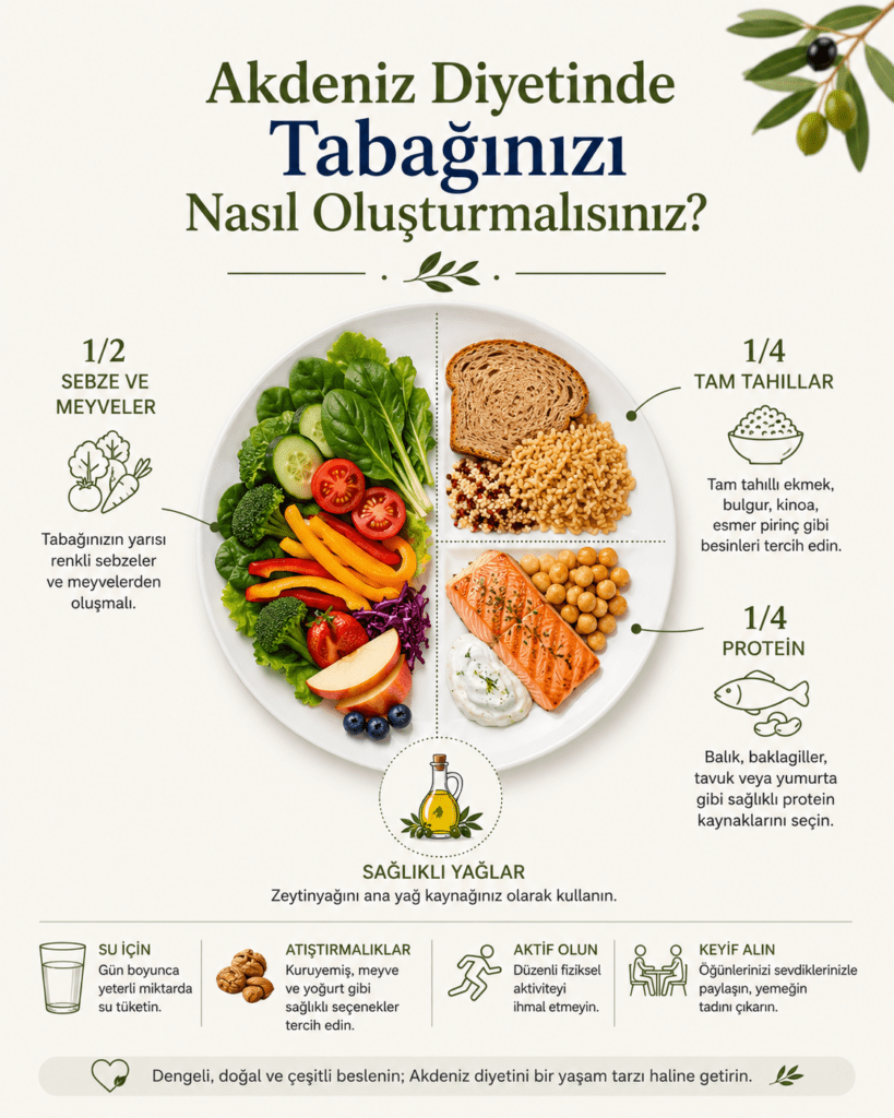 Akdeniz diyetine uygun ideal tabak modelini gösteren; sebzeler, tam tahıllar, balık, kurubaklagiller ve zeytinyağının dengeli dağılımını anlatan minimalist beslenme infografiği.