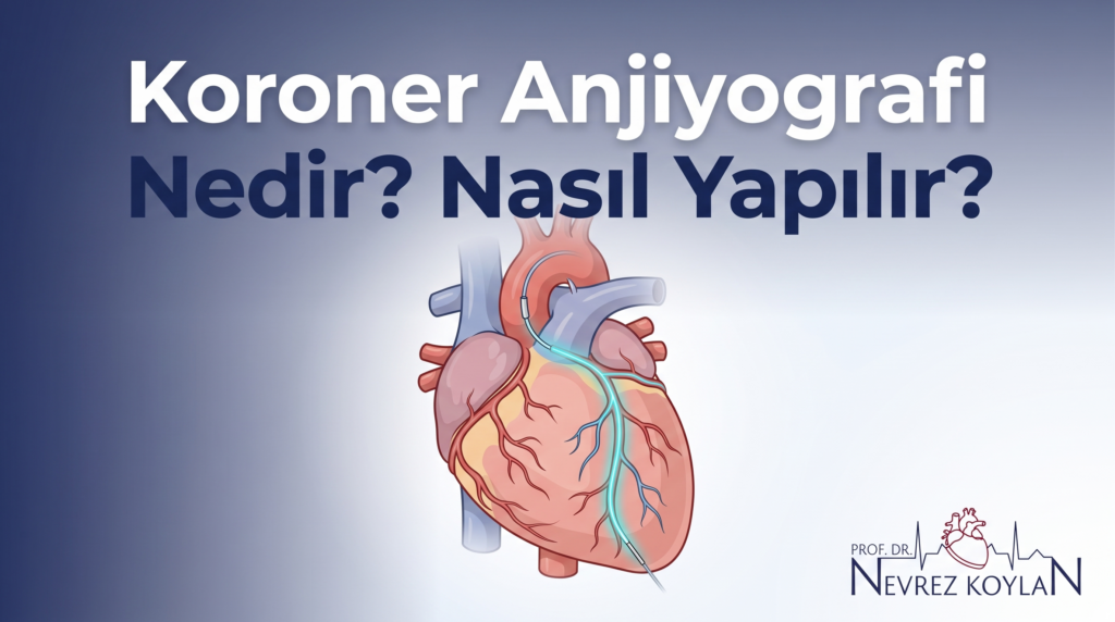 Koroner anjiyografi nedir ve nasıl yapılır başlıklı blog yazısı kapak görseli; kalbe kateter yönlendirilmesini ve kontrast madde akışını gösteren editoryal tıbbi kalp illüstrasyonu ve Prof. Dr. Nevrez Koylan logosu.