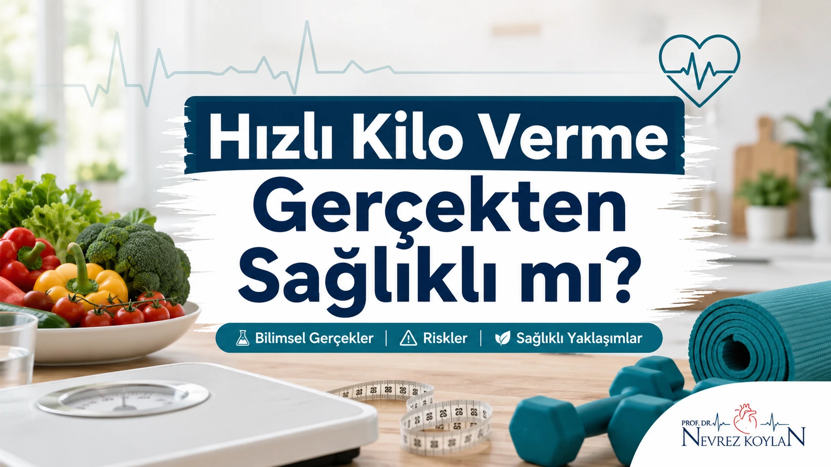 Hızlı kilo vermenin sağlıklı olup olmadığını anlatan, sebzeler, tartı, mezura ve spor ekipmanları içeren sağlık blogu kapak görseli