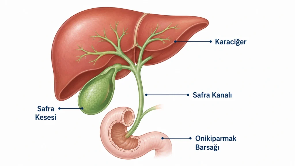 Karaciğer, safra kesesi, safra kanalı ve onikiparmak bağırsağının anatomik ilişkisini gösteren eğitici tıbbi illüstrasyon