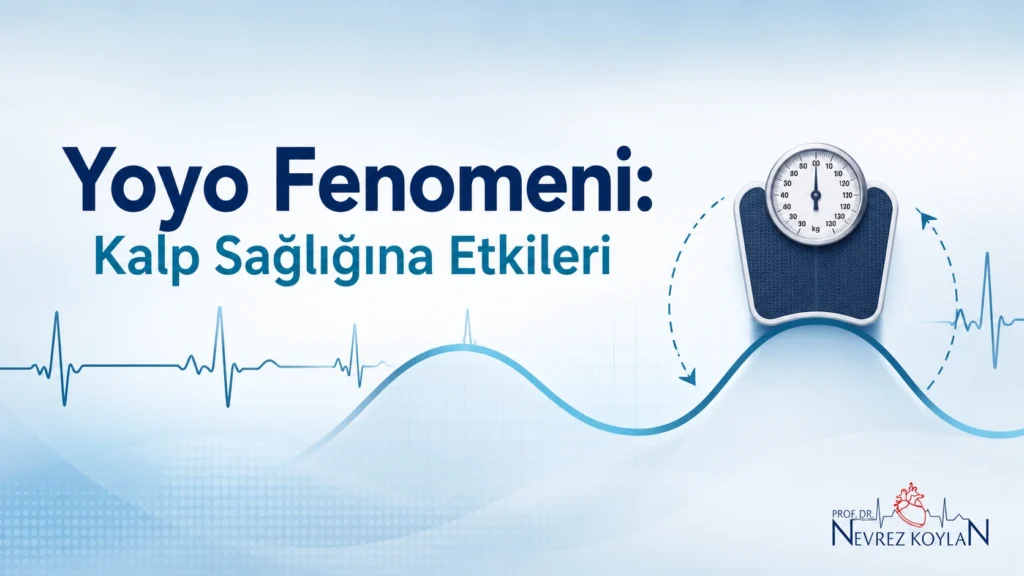 Yoyo fenomeninin kilo dalgalanmaları ve kalp sağlığı üzerindeki etkilerini anlatan tartı ve EKG çizgili tıbbi kapak görseli